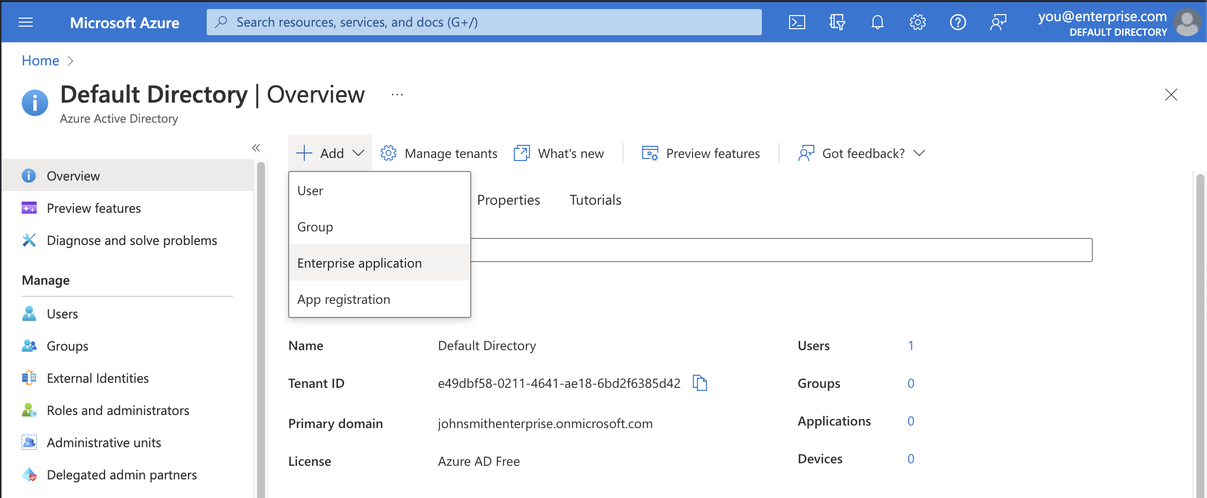 Azure AD console: Default Directory Overview